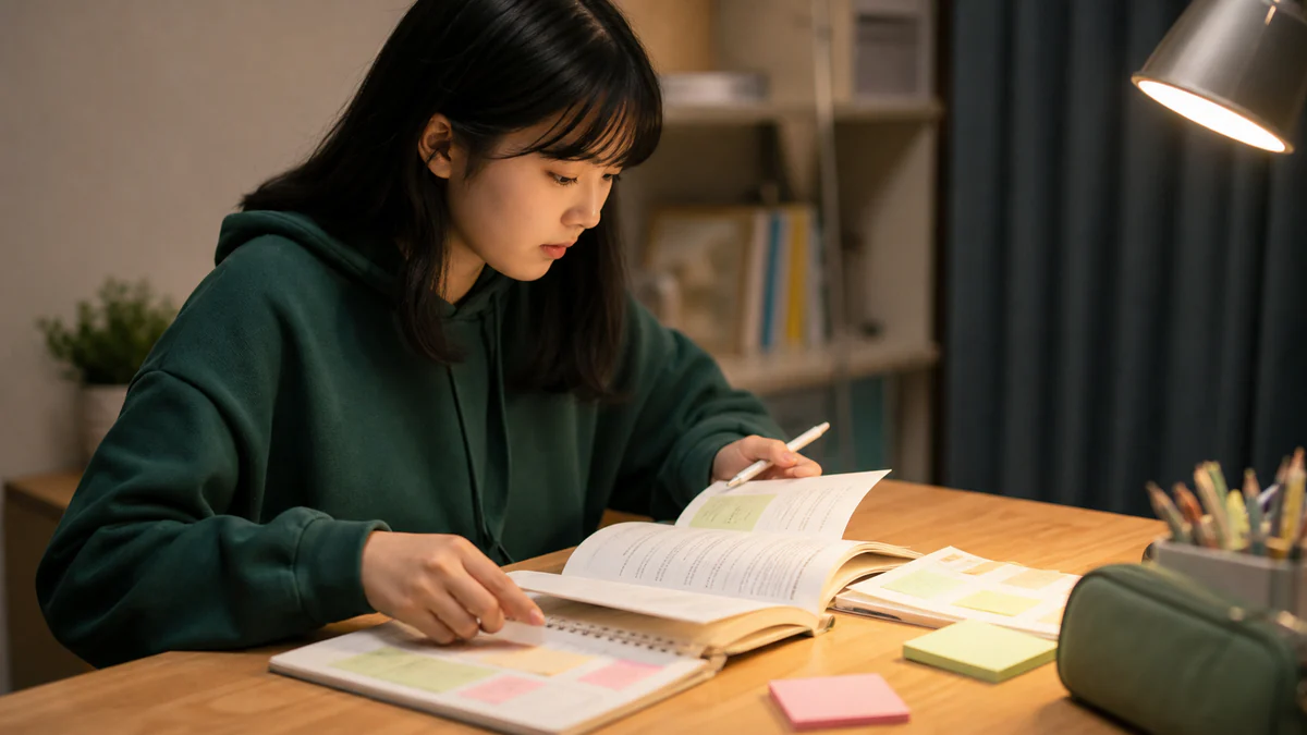 학생이 교과서와 오답 노트를 함께 정리하는 모습