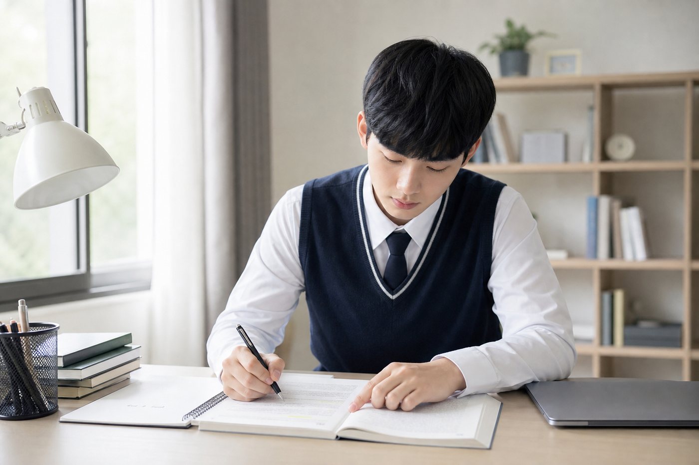 야탑동 고1 영어과외 학생이 긴 영어 문장을 끊어 읽는 공부를 하는 모습