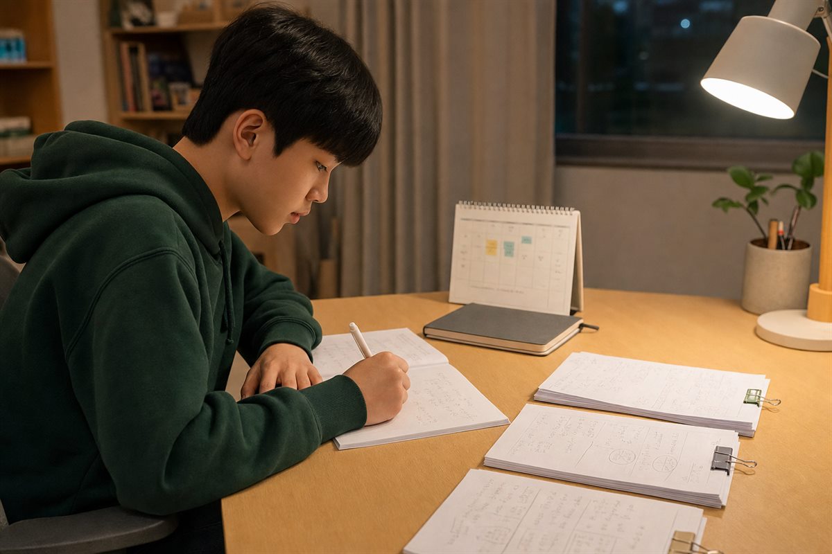 중3 학생이 간격을 두고 수학 오답문제를 다시 푸는 모습