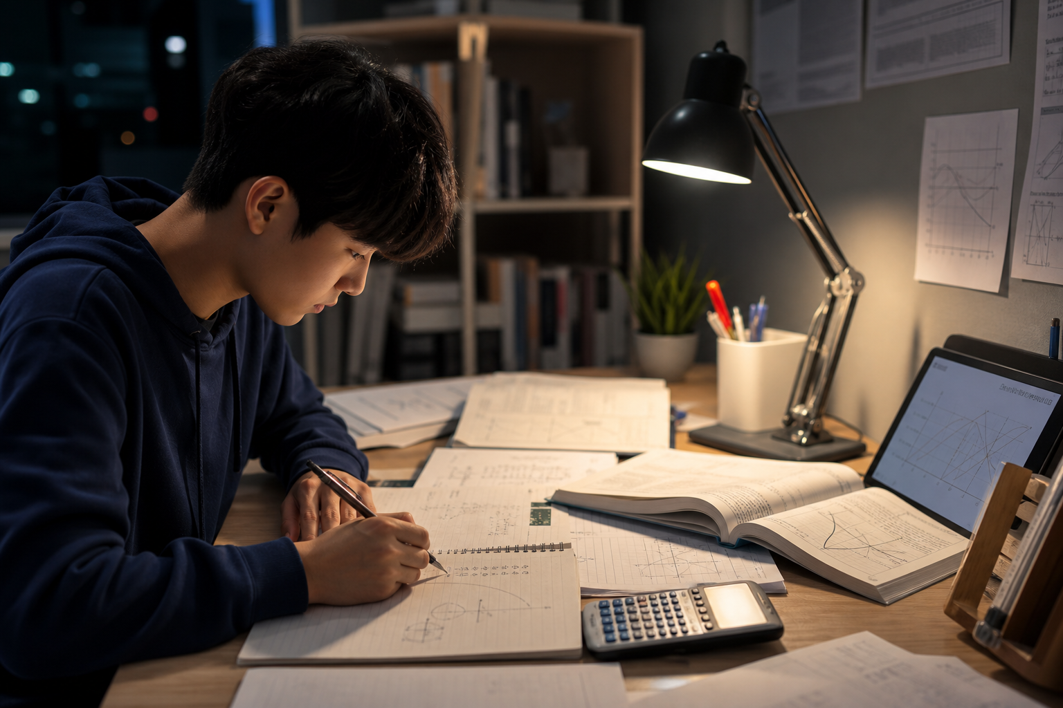 고2 학생이 그래프와 과목별 노트를 정리하는 책상
