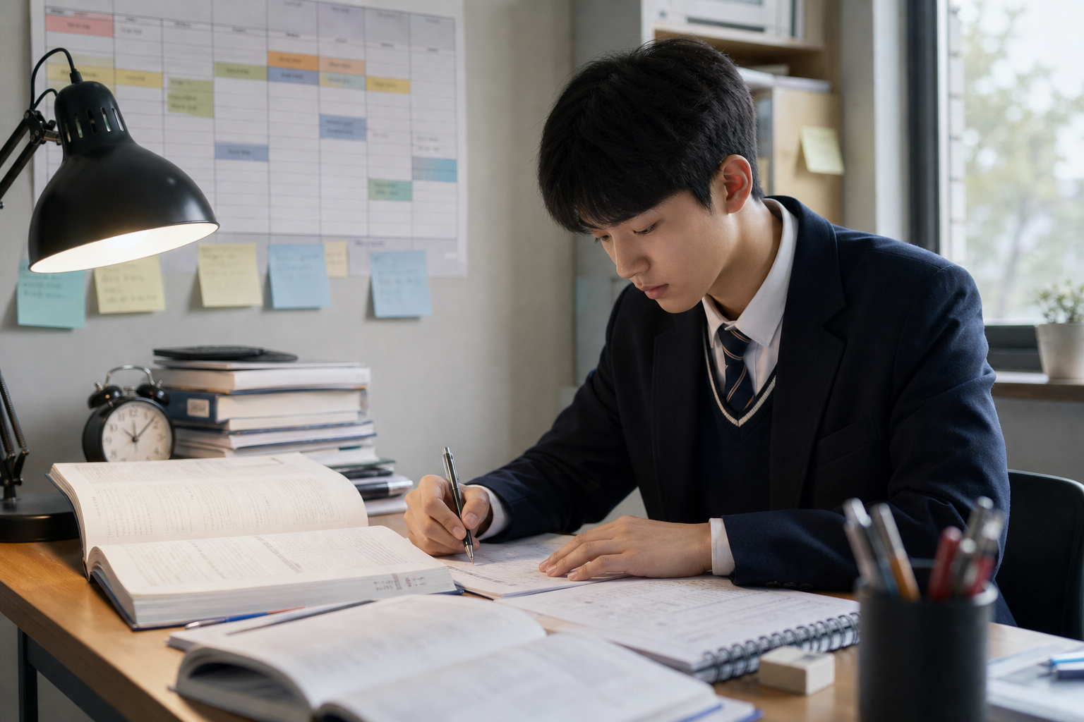 고3 학생이 내신과 모의고사 자료를 함께 정리하는 책상