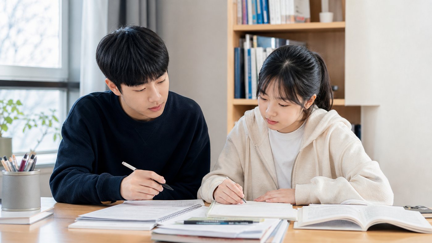 학생들이 학년별 공부 자료를 보며 학습 우선순위를 정리하는 모습
