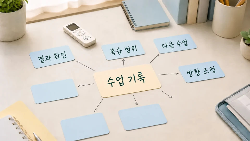 학생 수업 기록과 다음 수업 방향을 노트에 정리한 모습