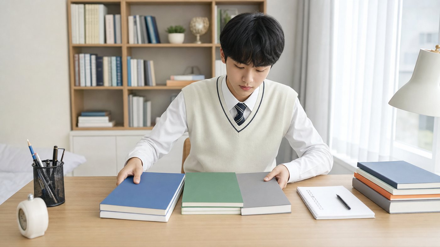 고1 학생이 2학기 국어 영어 수학 공부 계획을 정리하는 모습