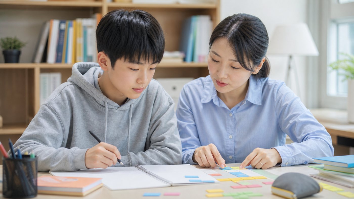고1 수학 계산 실수를 줄이기 위해 풀이 과정을 점검하는 책상