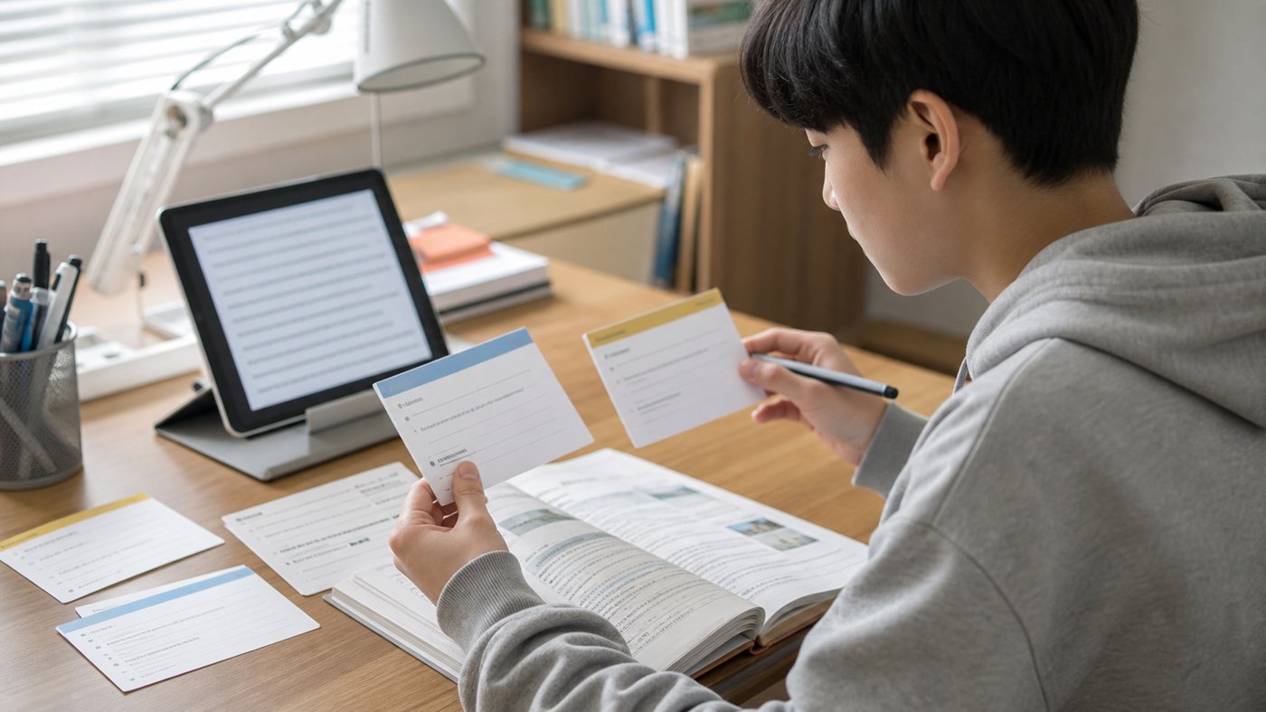 고1 학생이 영어 독해 지문의 문장 구조를 표시하며 공부하는 모습