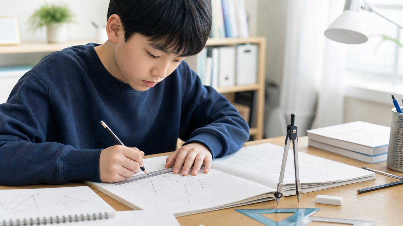 중1 학생이 수학 개념을 문제의 그림과 식으로 바꾸는 모습