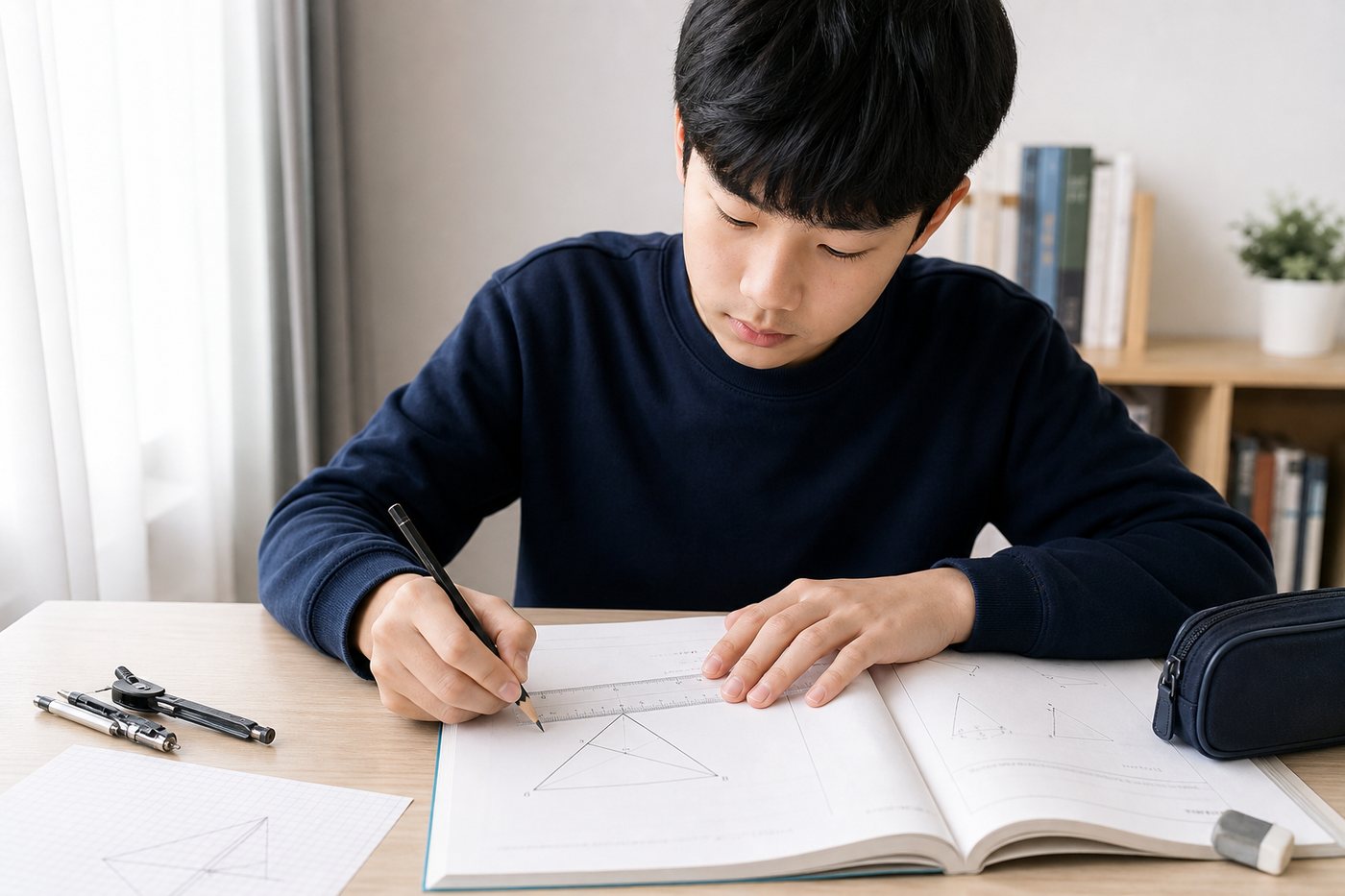 고1 여학생이 영어 수행평가 발표 카드와 자료를 준비하는 모습
