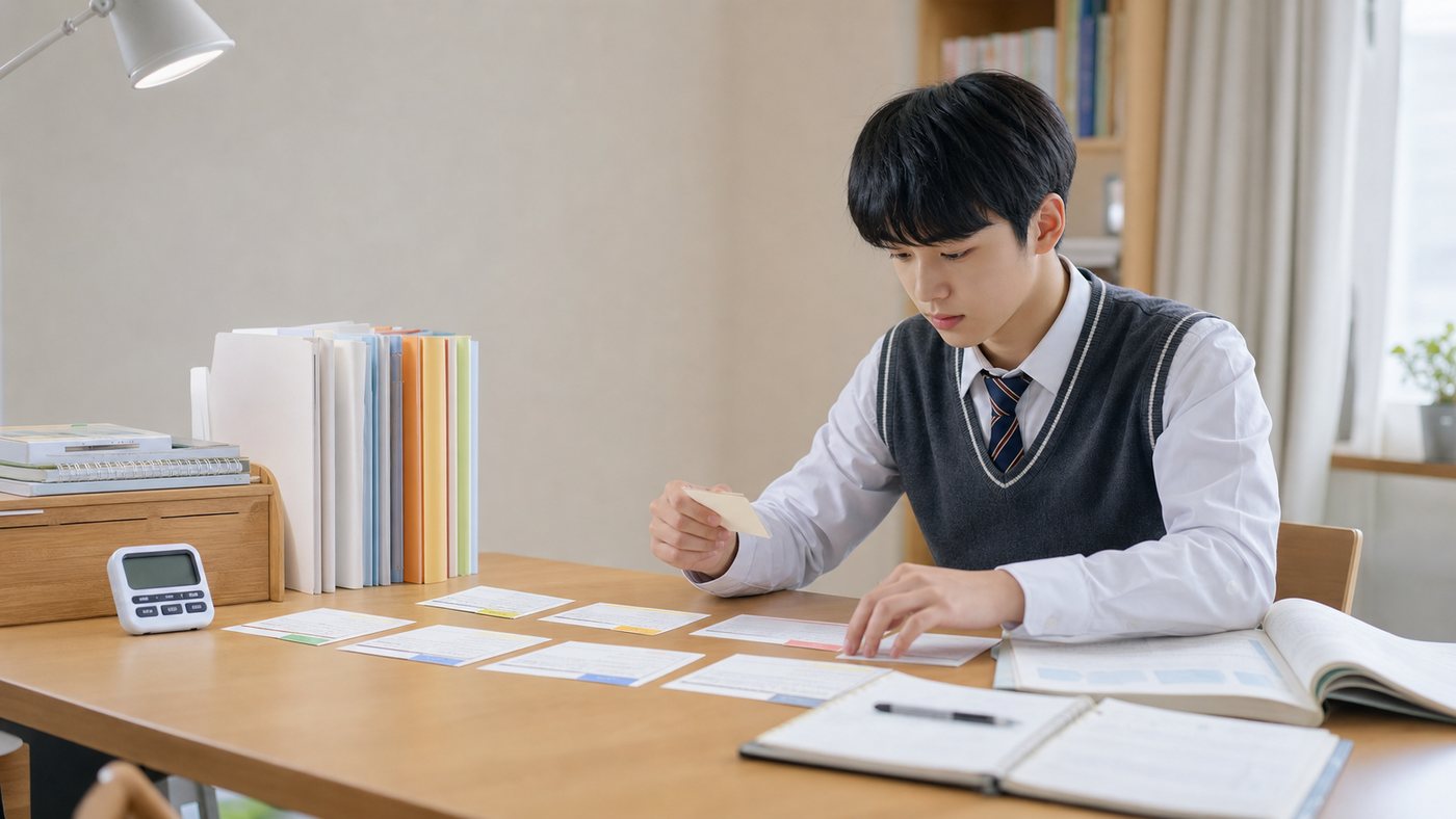 학생이 시험 범위표와 약점 기록을 함께 보며 복습 순서를 정하는 모습