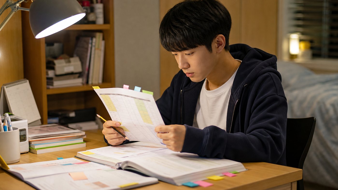 학생이 평소 오답 유형과 시험 범위를 표로 연결해 정리하는 모습
