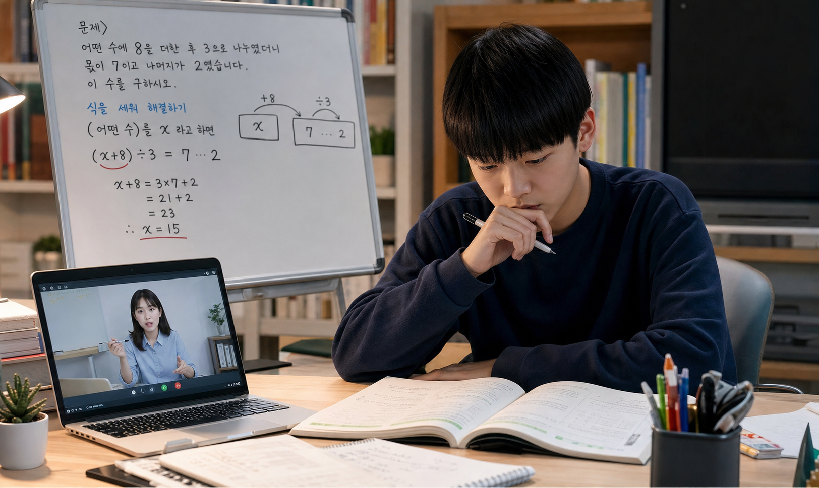 풍무동 수학과외 중3 학생이 응용문제 조건을 식으로 바꾸는 공부를 하는 모습