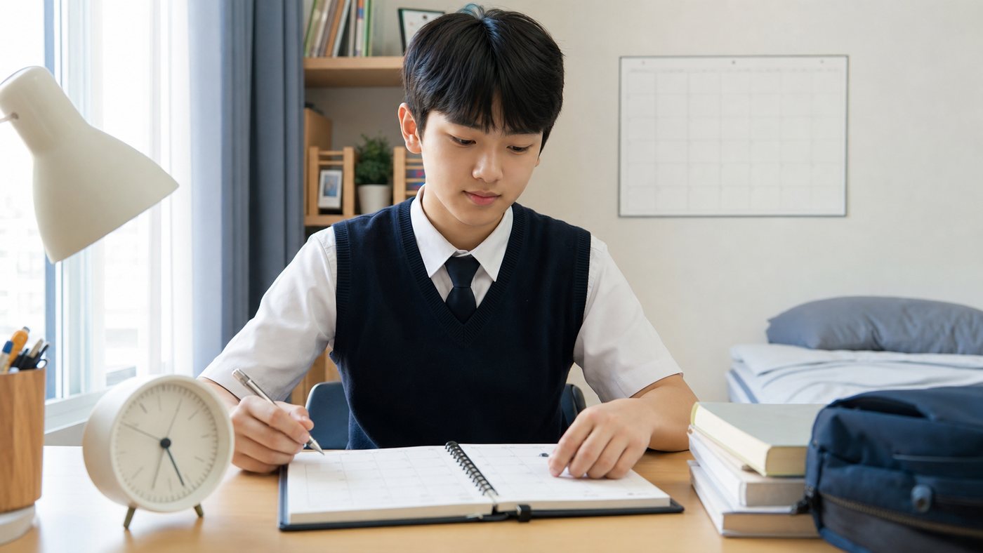 학생이 전날 공부 기록을 보고 다음 날 첫 공부 순서를 정하는 모습