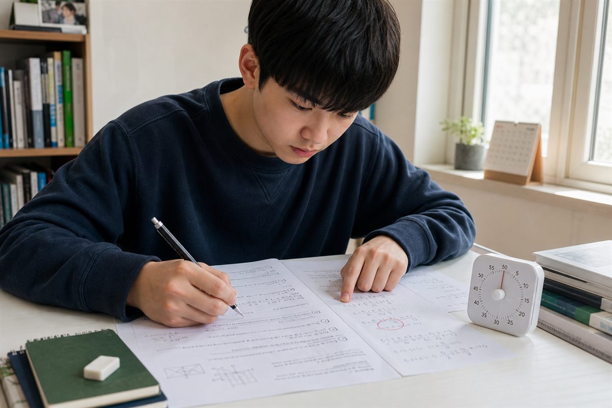 고2 학생이 제한 시간을 두고 수학 계산 과정을 점검하는 모습
