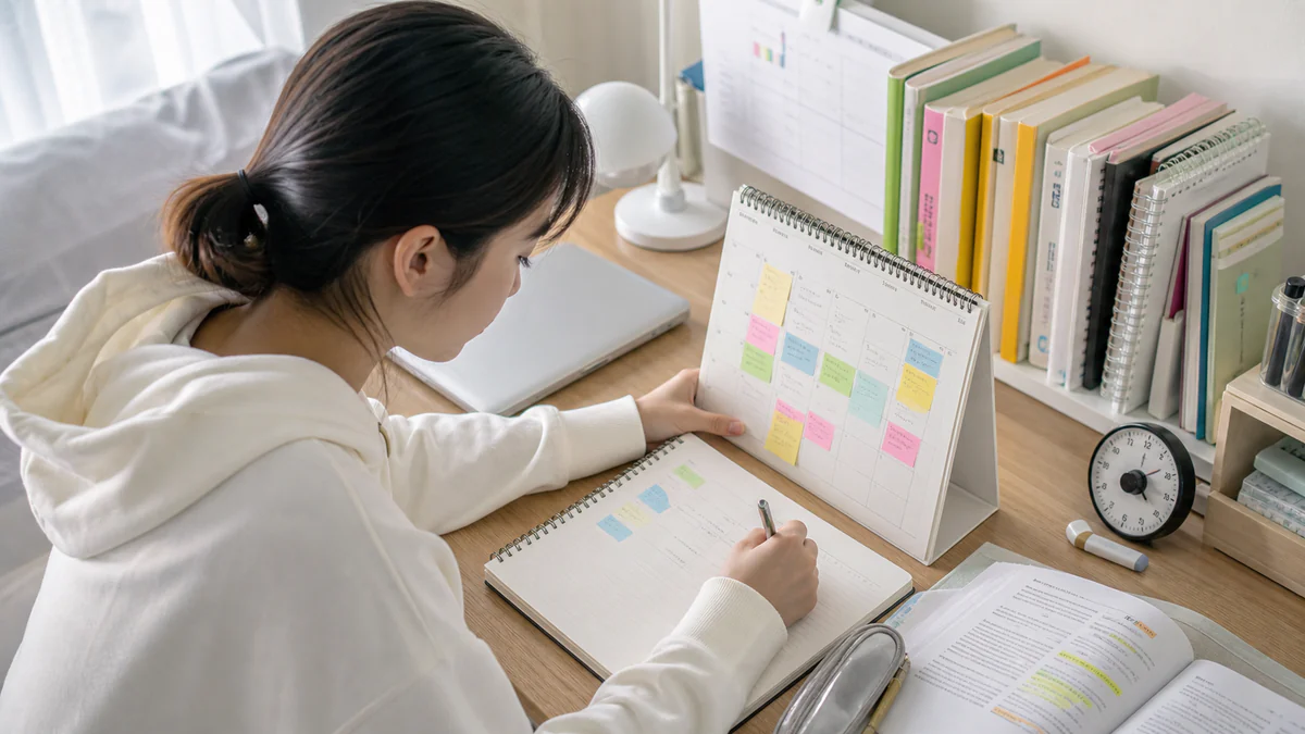 학생이 주간 계획표와 교재를 보며 공부 실천 루틴을 점검하는 모습