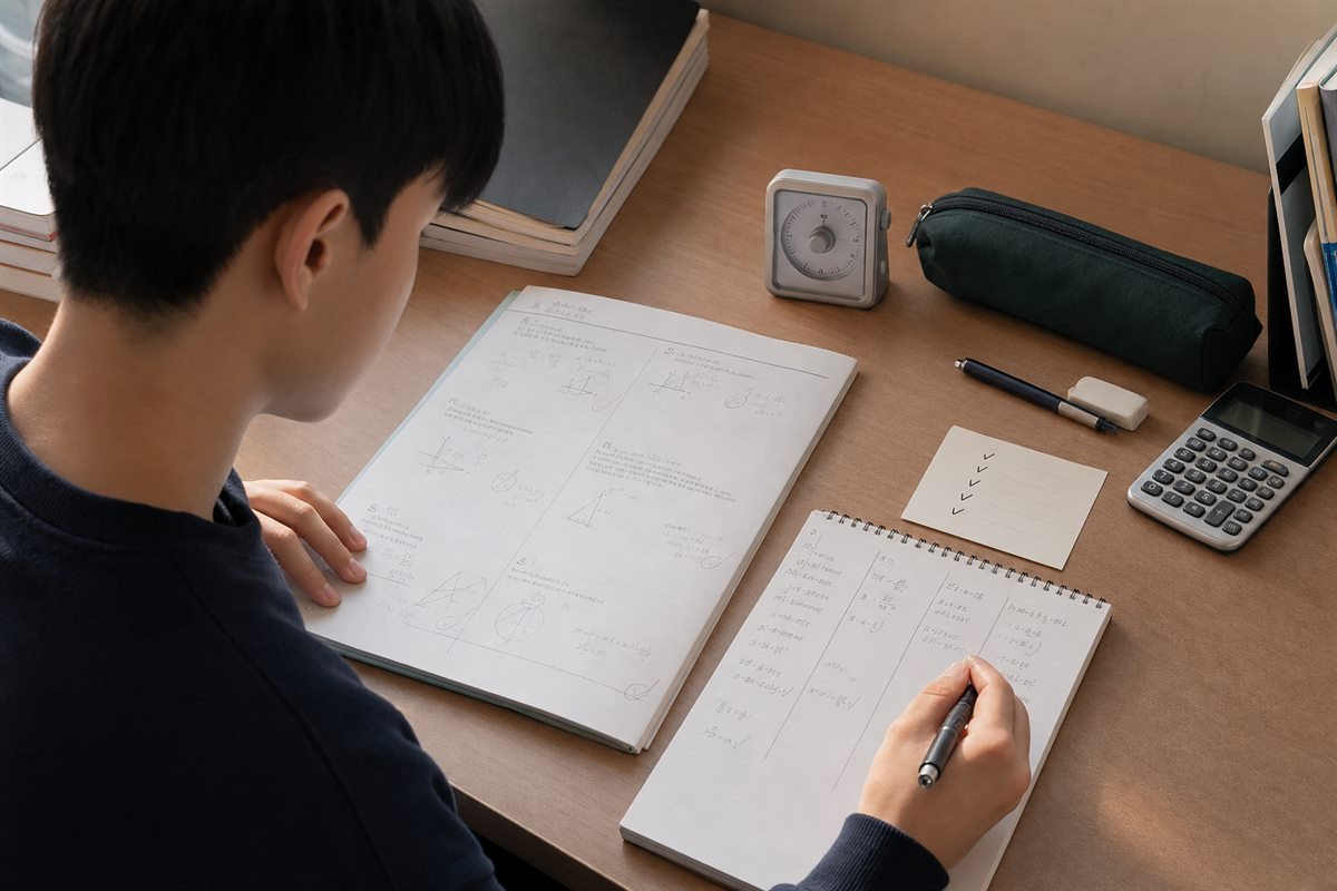 고2 학생이 수학 시험 풀이와 검산 체크리스트를 확인하는 모습