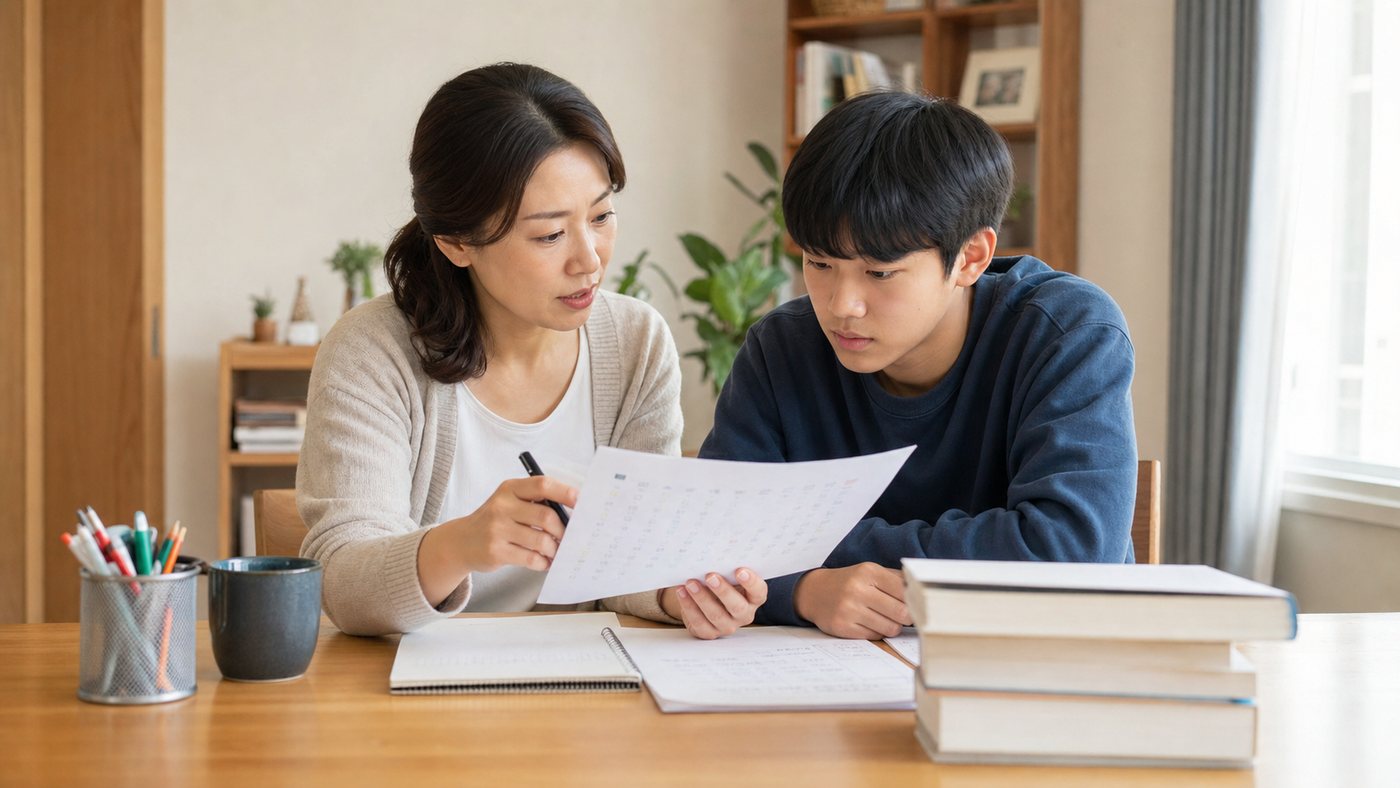 과외 수업 방향을 조정할지 상담하는 한국 학생과 학부모