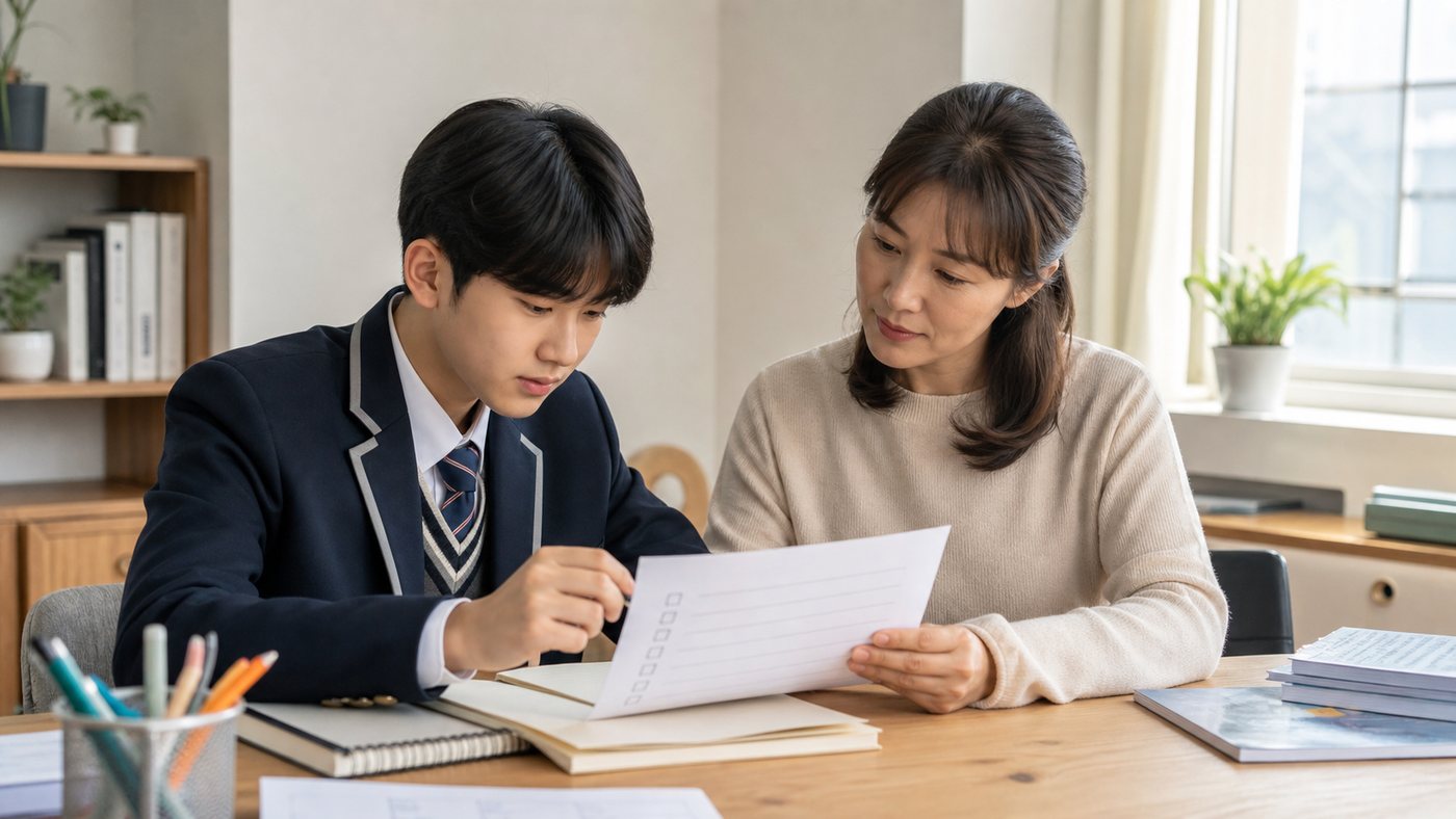 학생과 학부모가 다음 달 수업 목표를 함께 정리하는 모습