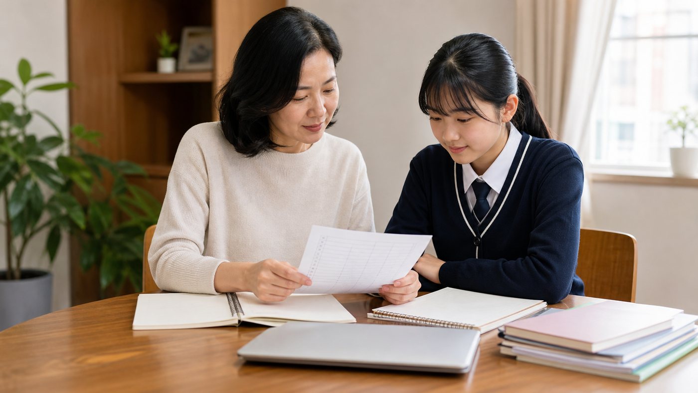 학부모와 학생이 수업 피드백 기록을 함께 확인하는 모습