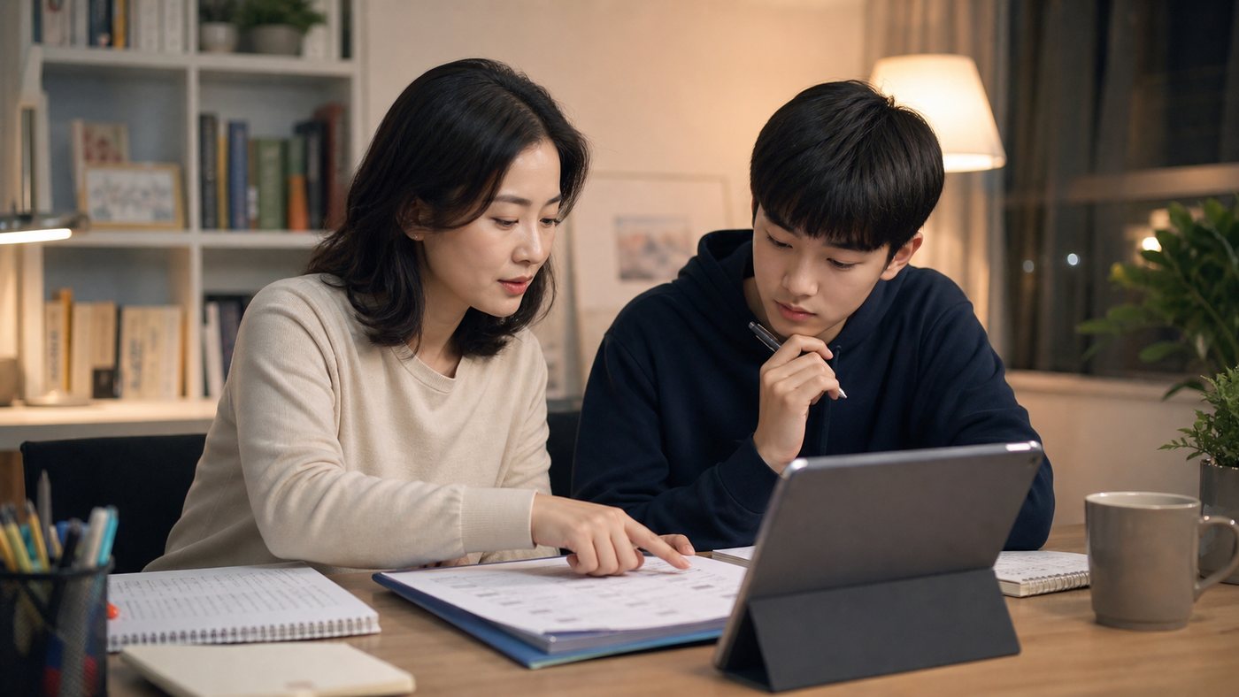 학부모님과 학생이 수업 피드백을 함께 확인하는 모습
