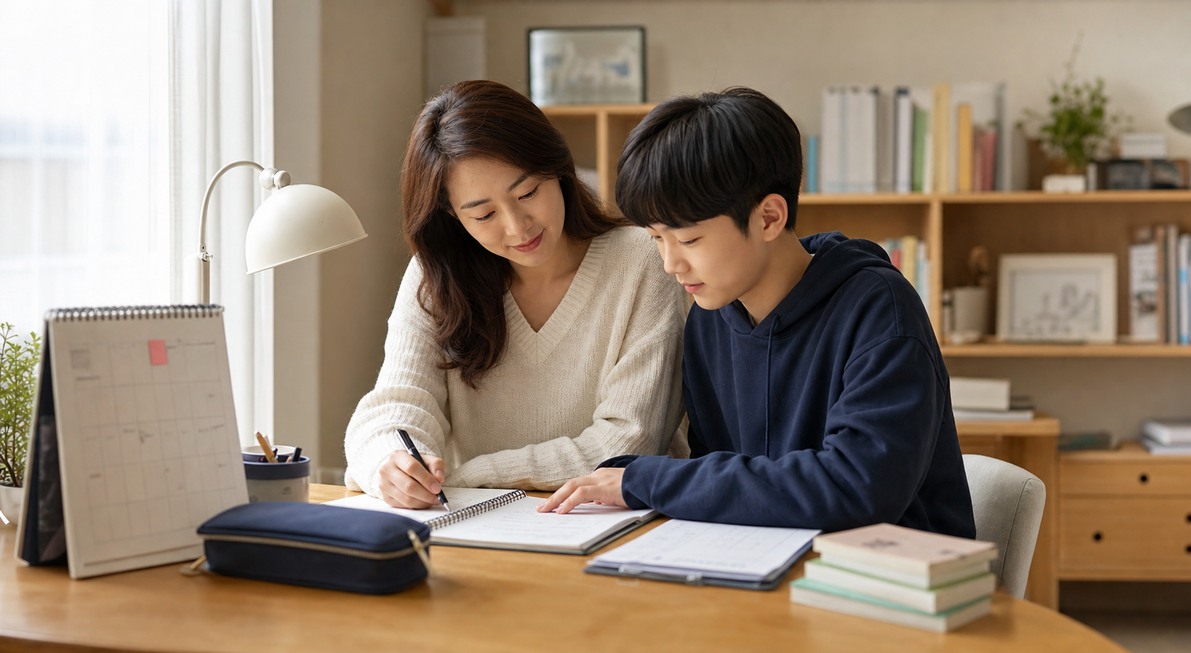 과외 시작 후 2주 동안 학습 계획을 점검하는 학부모와 학생