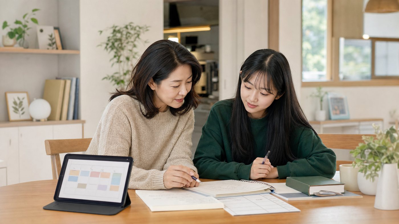 학부모님과 학생이 수업 첫 주 기록을 함께 확인하는 모습