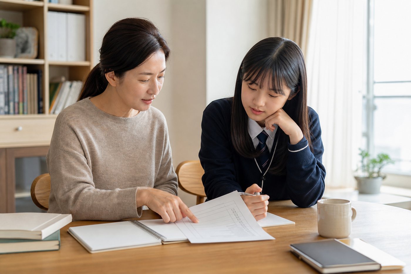 과외 한 달 후 학습 변화와 수업 방향을 점검하는 한국 학생과 학부모