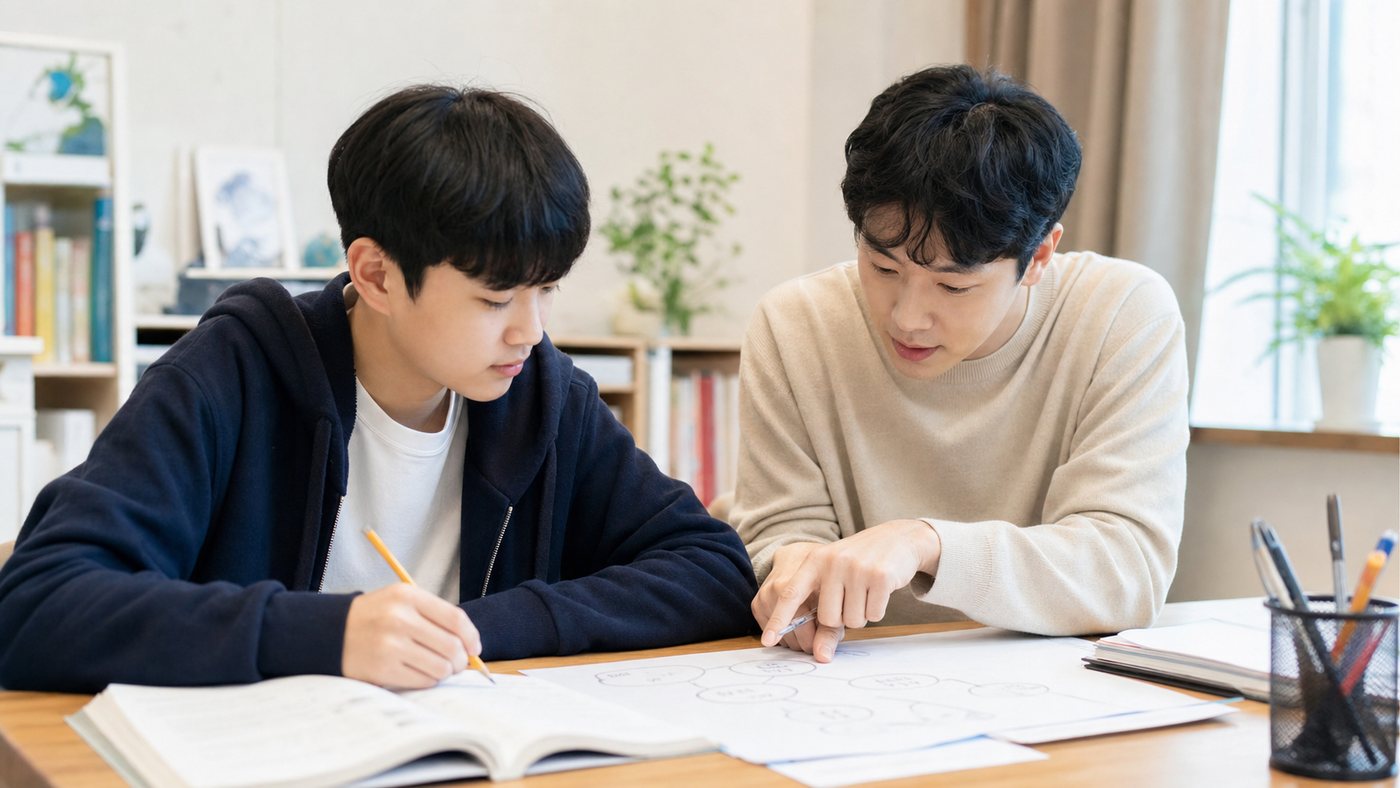 중3 학생이 국어 문제의 요구 조건을 표시하는 모습